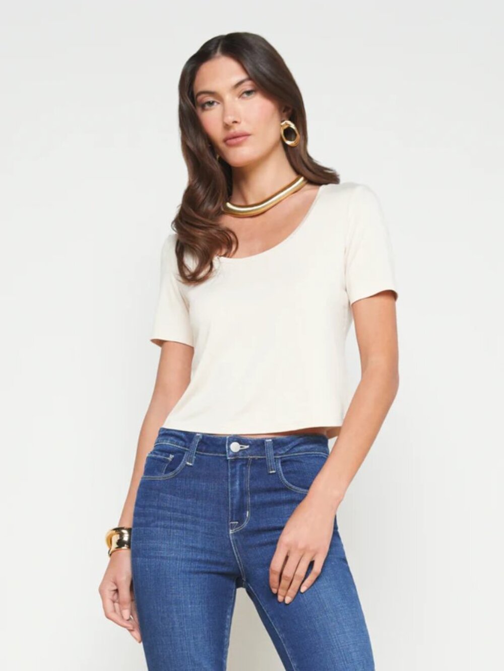 L'AGENCE Shirt Womens Small Beige Dana Cropped Scoop Neck Tee Top Jersey Stretch